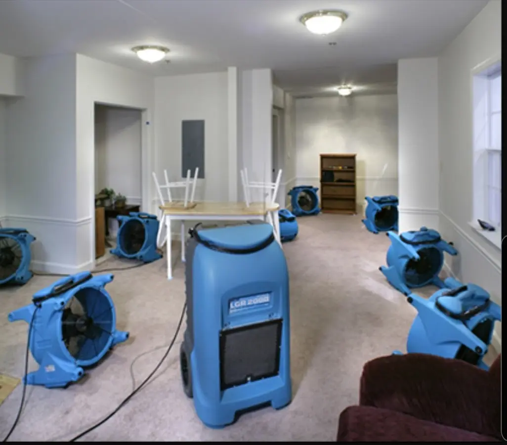 Air movers and dehumidifier setup for Water Extraction & Removal in Thetford
